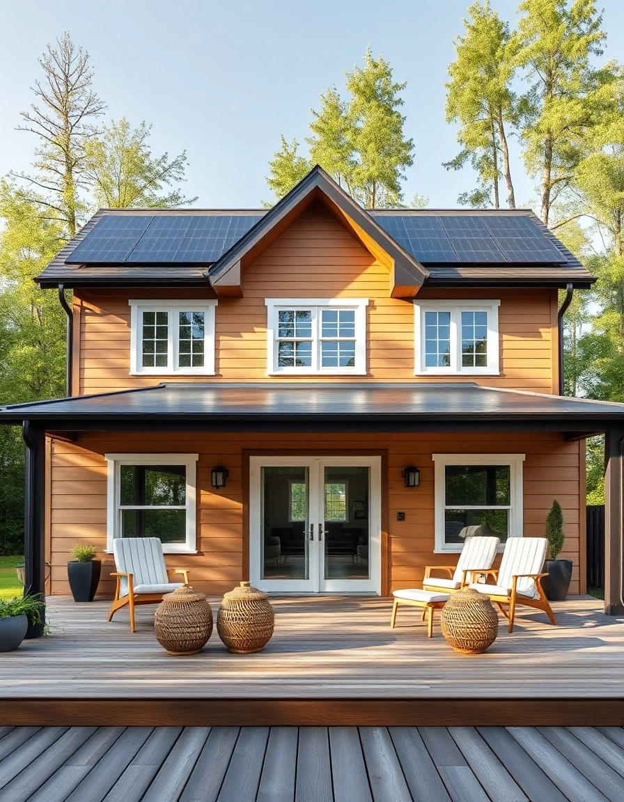 Vertical architectural photography of a stunning two-story family frame house, shot from a low angle. Front view features a large open wooden deck terrace with cozy minimalist…