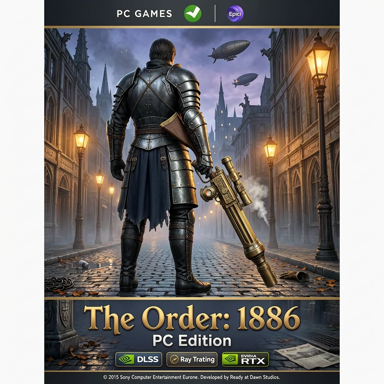 A high-end PC video game retail cover art for "The Order: 1886 PC Edition". The top of the cover features a modern elegant "PC GAMES" banner with small Steam…