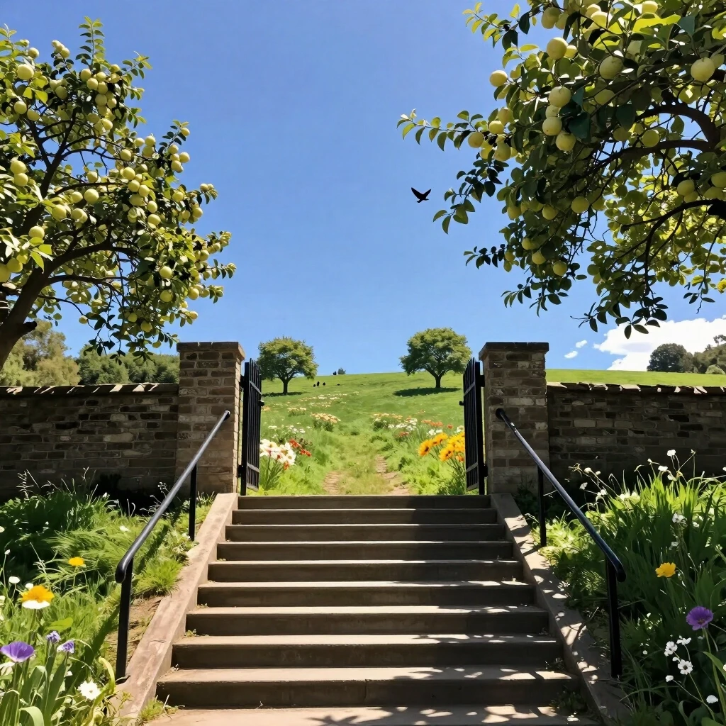 the stairs go up, into the distance, and end at a gate. Beyond the gate is a sunny meadow, blue sky, fruit trees, birds, and flowers. — работа пользователя Кристаллический Шаман