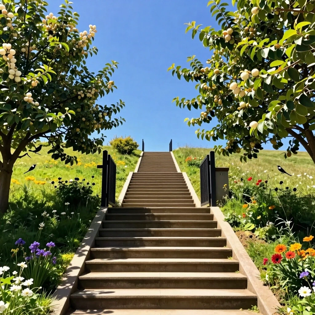 the stairs go up, into the distance, and end at a gate. Beyond the gate is a sunny meadow, blue sky, fruit trees, birds, and flowers. — работа пользователя Кристаллический Шаман