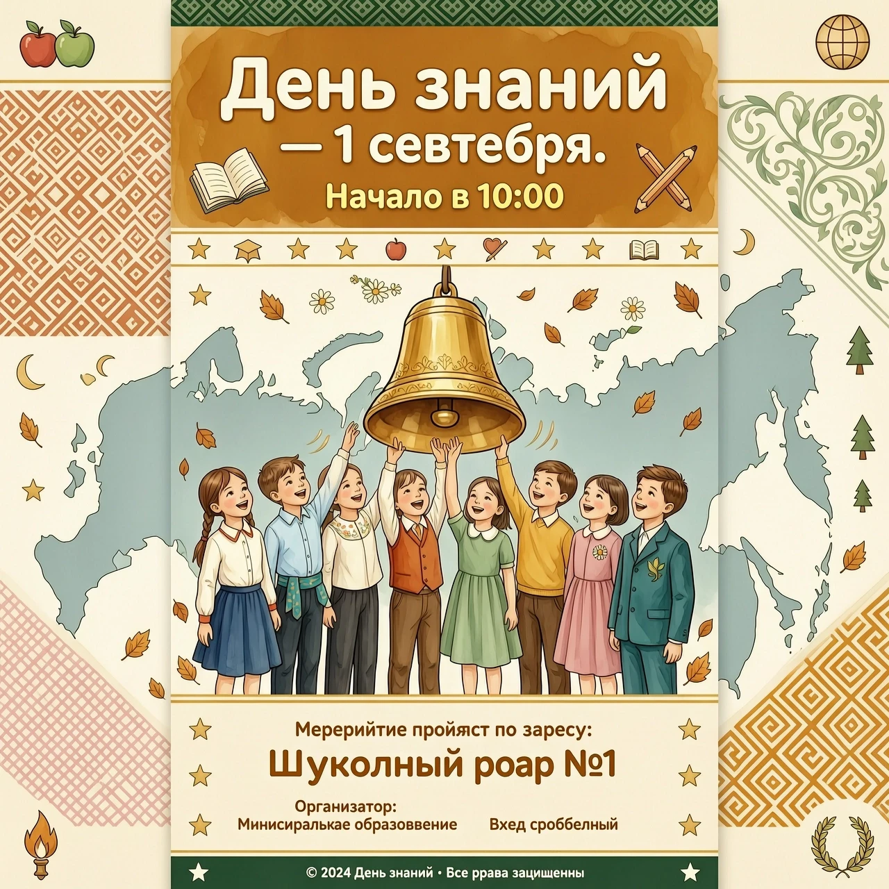 Яркая праздничная афиша ко Дню знаний. В центре — группа детей разных национальностей в школьной форме, они вместе держат большой золотой школьный звонок. На фоне — лёгкие…