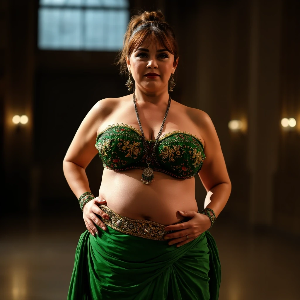 front view chubby belly dancer fifty years woman in green costume brown short ponytail hair stand in hall — работа пользователя Прекрасная Мантикора