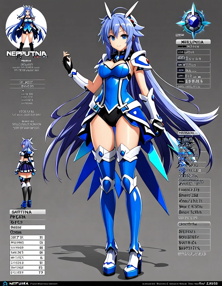Neptunia-woman, full height, blue storm top, character sheet, Grey background — работа пользователя Новаторская Симметрия