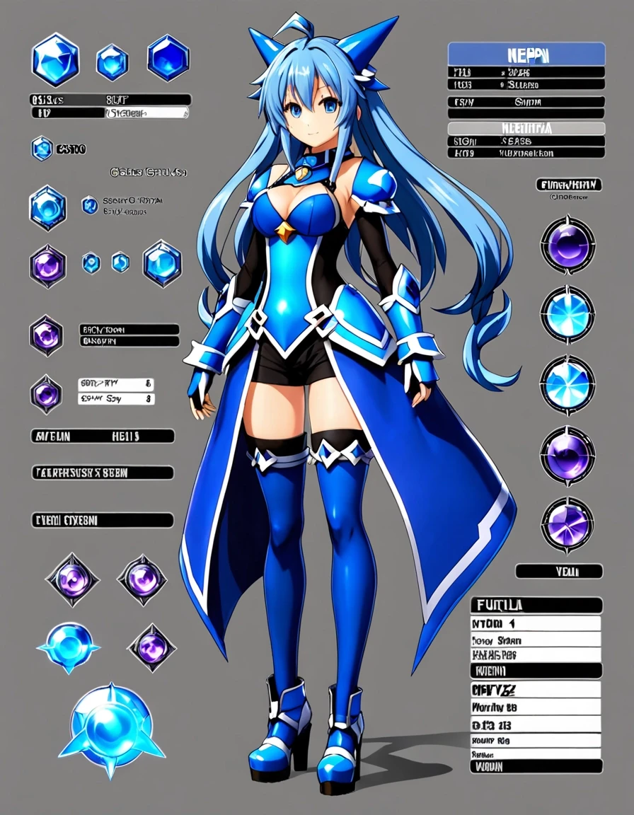 Neptunia-woman, full height, blue storm top, character sheet, Grey background — работа пользователя Новаторская Симметрия