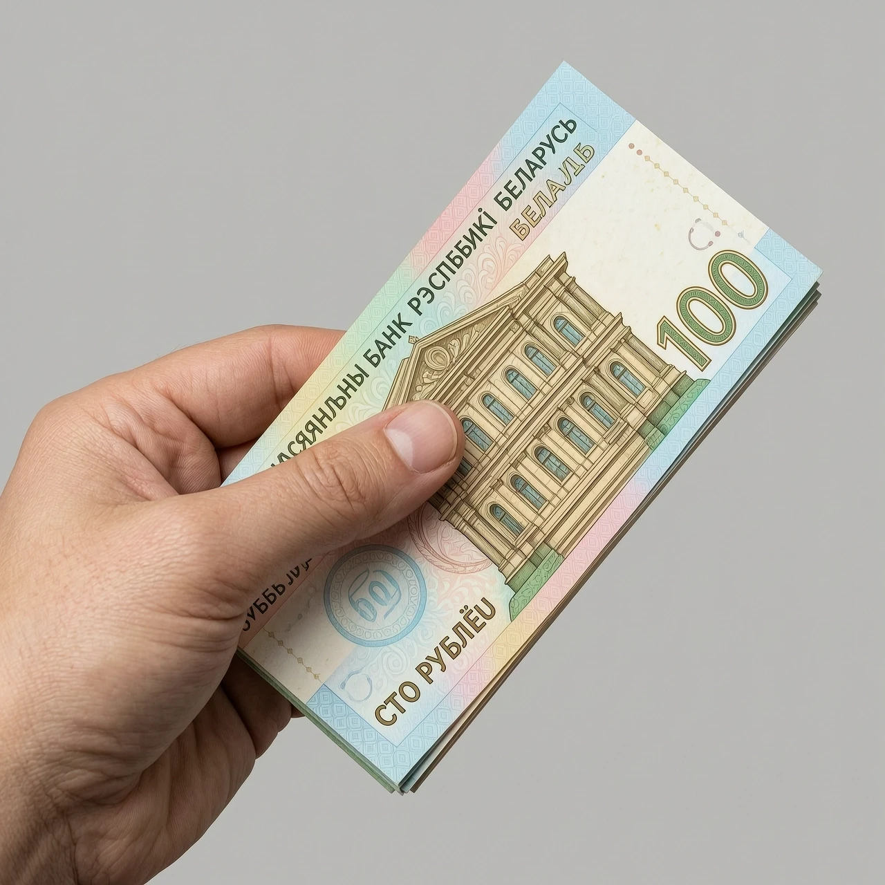 Рука держащая стопку белорусских рублей 100. Рука выходит из левого края изображения. Стиль изображения реализм фото. Разрешение 8к. банкнота \"100\" белорусского…