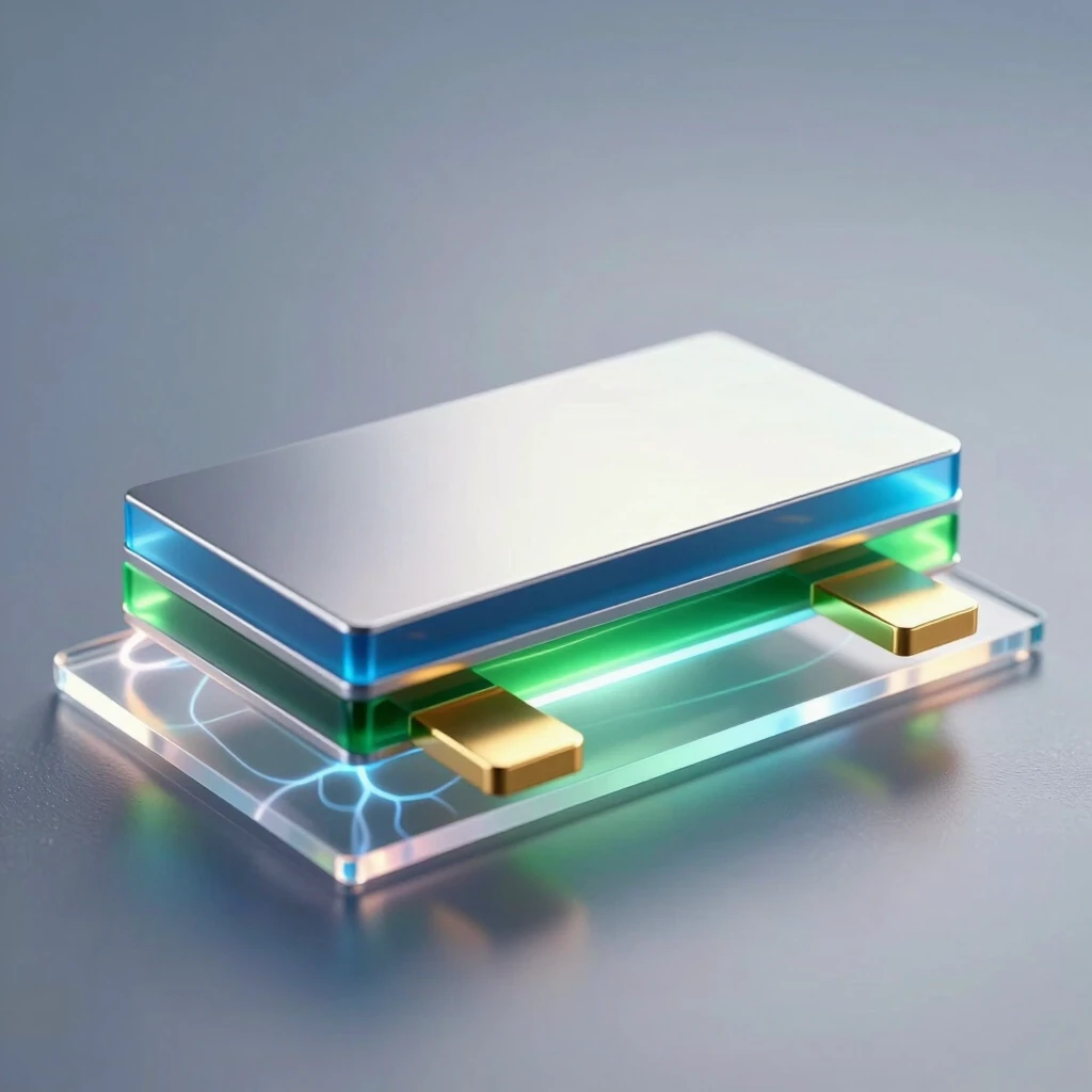 A hyper‑realistic scientific 3D illustration of a single organic field‑effect transistor of the following structure (thin layers from bottom to top): a flexible transparent…