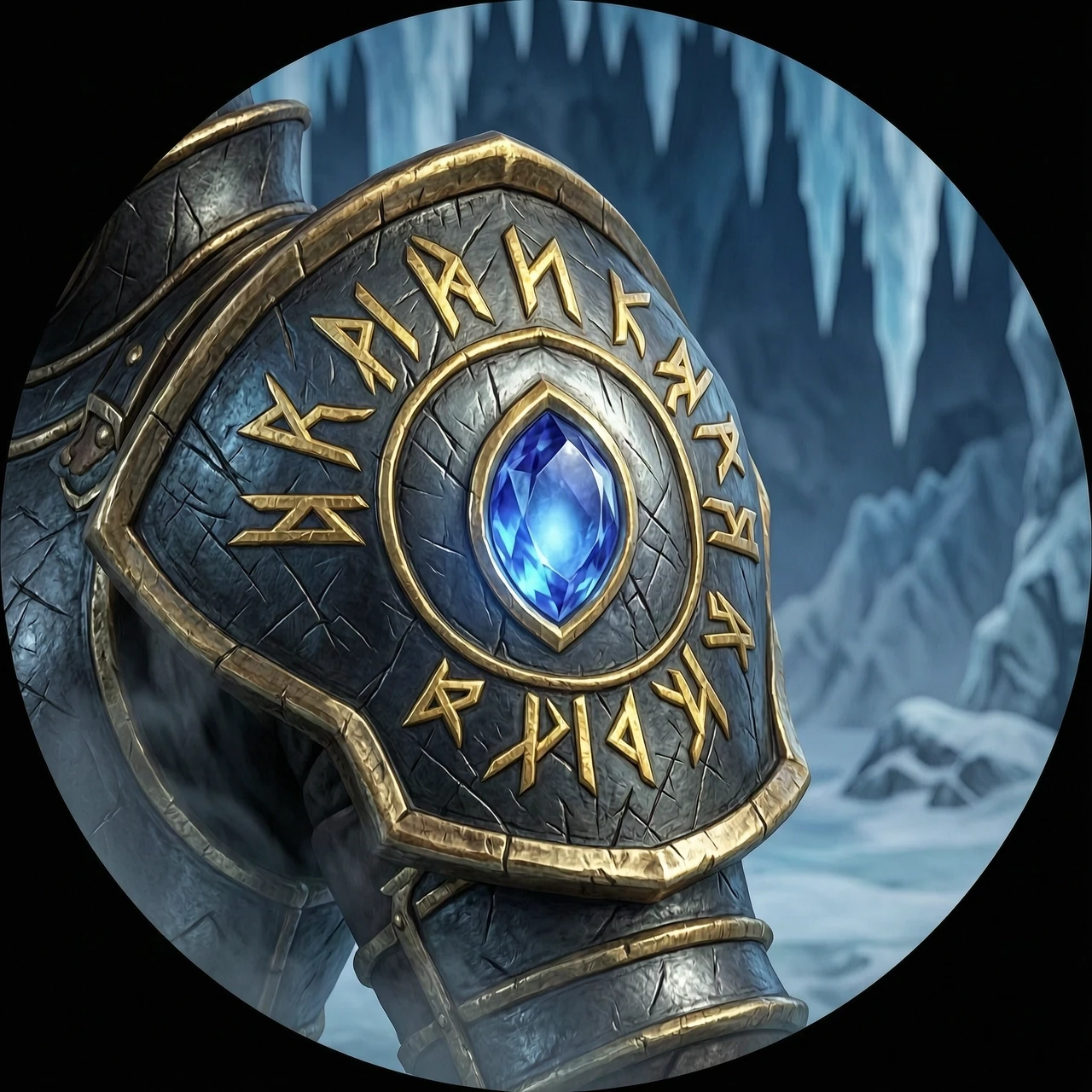 Крупный план плечевой пластины рыцаря Warcraft 3 стиля, полированное темное металло с глубокими битвыми царапинами, золотая гравировка со светящимися рунами ледяной магии, в…