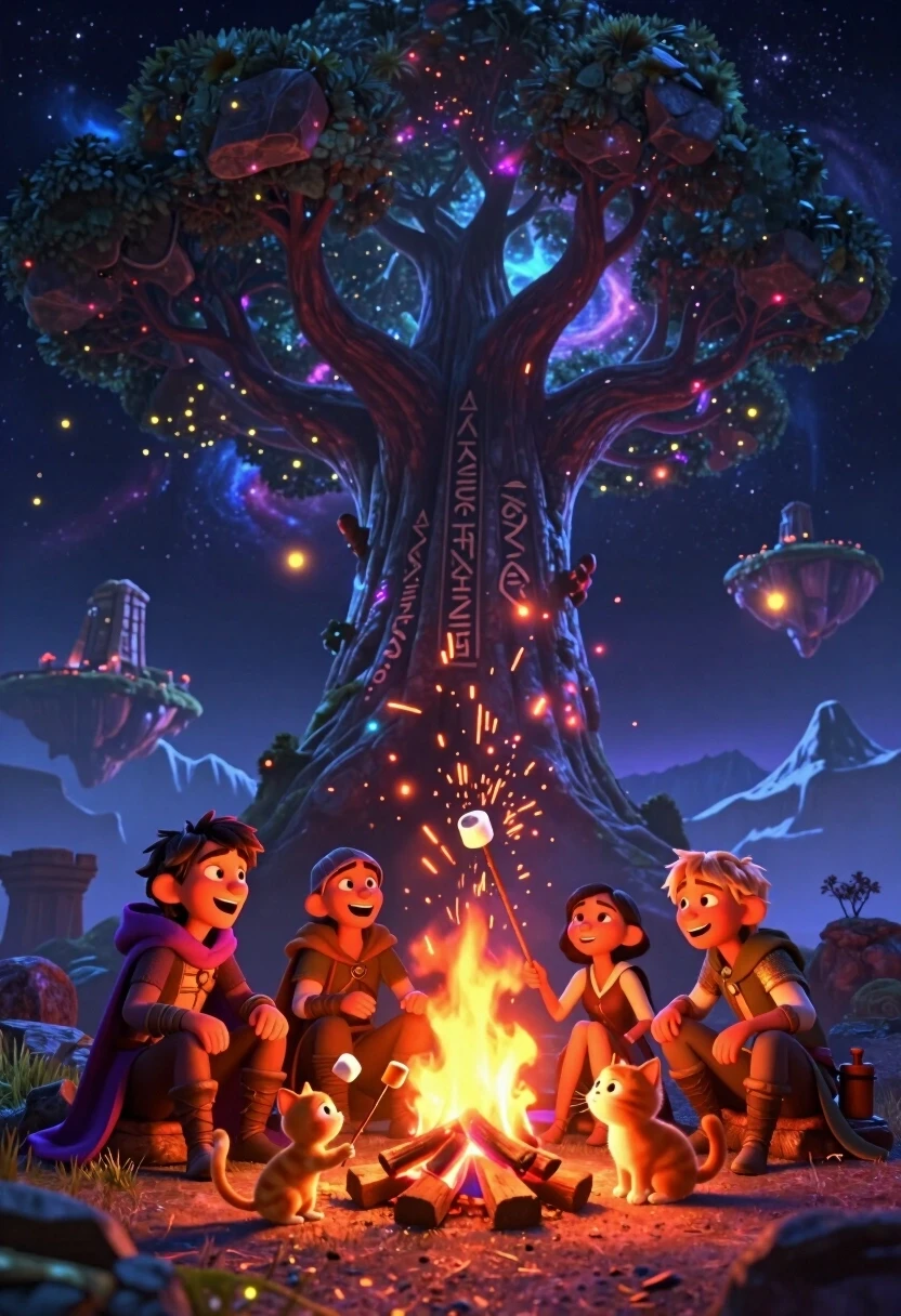 Cinematic 3D animation, Pixar style, 8K, Octane render. Low-angle shot from the ground, looking up at a colossal cosmic tree that fills the sky. The tree’s trunk is made of…