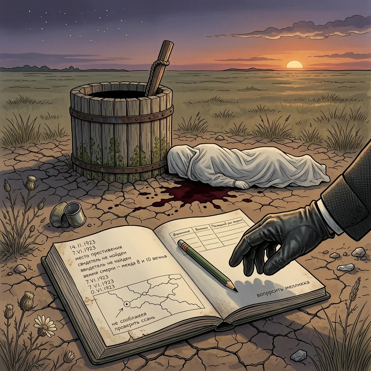 Атмосферная иллюстрация для обложки исторического детектива. Средний план: старый деревянный колодец в степи, у края лежит тело, накрытое тканью (без деталей), рядом — тёмное…