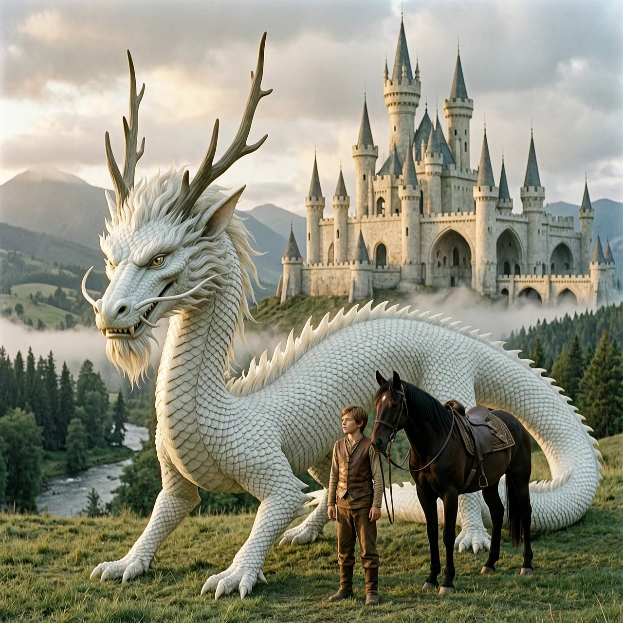 A highly realistic cinematic scene from a classic old-school fantasy film, with the visual atmosphere of 1980s–1990s epic fantasy cinema. A gigantic ancient white dragon stands…