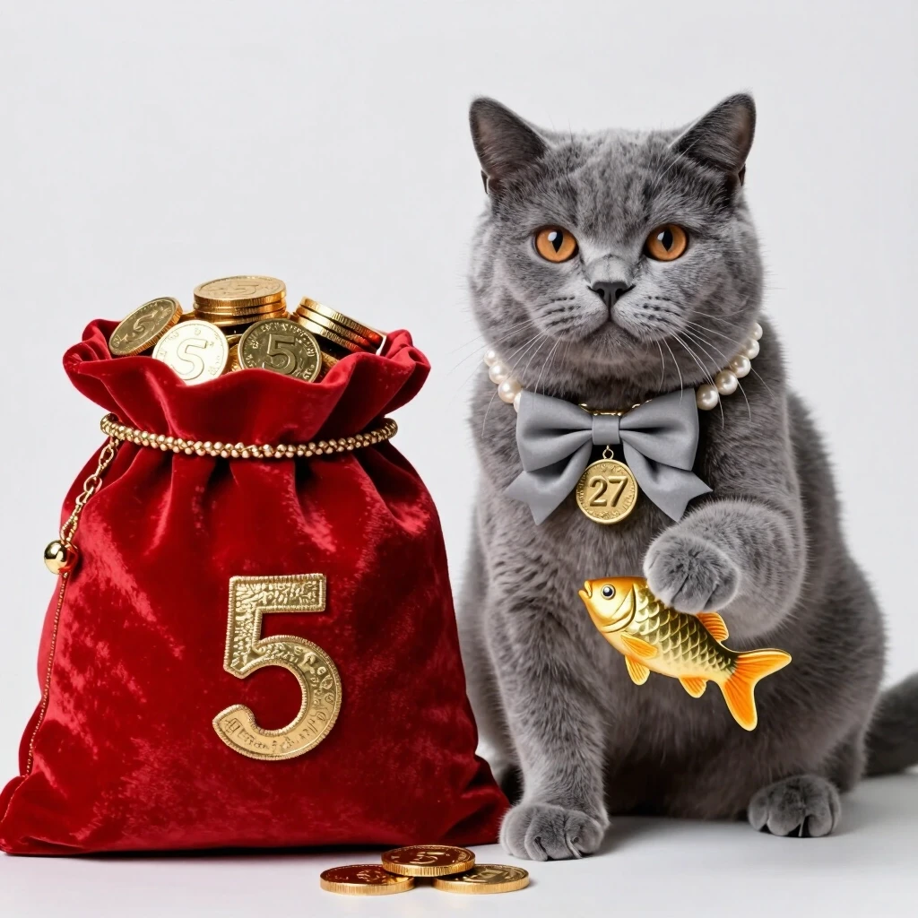 cat british blue-grey color, В левой лапке он держит золотого цвета рыбку, Рядом с ним находится большой бархатно-красный мешок, полный золотых монет c zifroi 5. на шее у котика…
