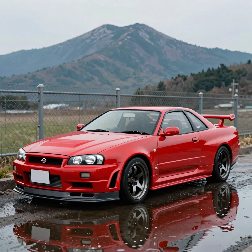 arafed car parked in front of a fence with a mountain in the background, extremely detailed water texture, in a modified nissan skyline r34, ironic surrealism, inspired by…