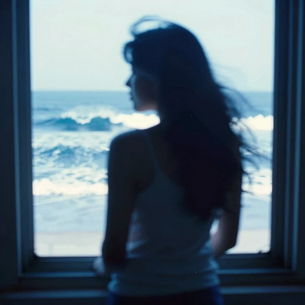 there is a blurry photo of a person looking out a window, blue monochromatic, tall backlit waves, 2 0 1 0, archival pigment print, with textured hair and skin, in motion,…