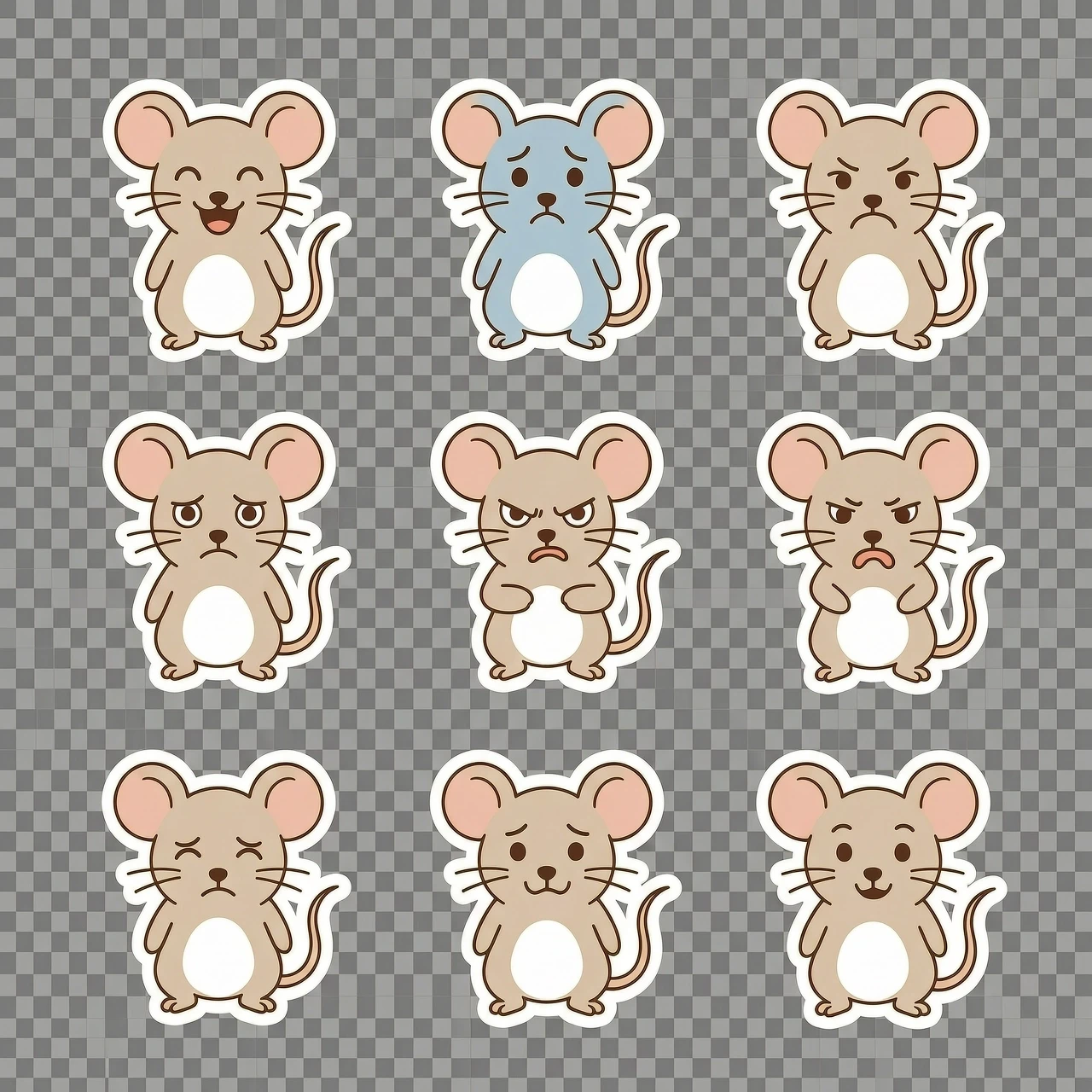 Generate a cute 2D rat with a white outline. A set of 10 minimalist vector stickers on a transparent background featuring various emotions: joy sadness anger falling in love…