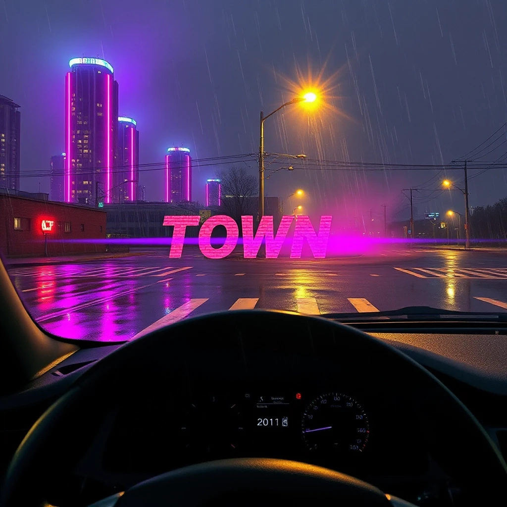 Album cover for a phonk track titled "Town", 1024x1024 pixels. Cinematic view of a menacing Eastern European or American industrial city skyline at 3 AM under heavy…