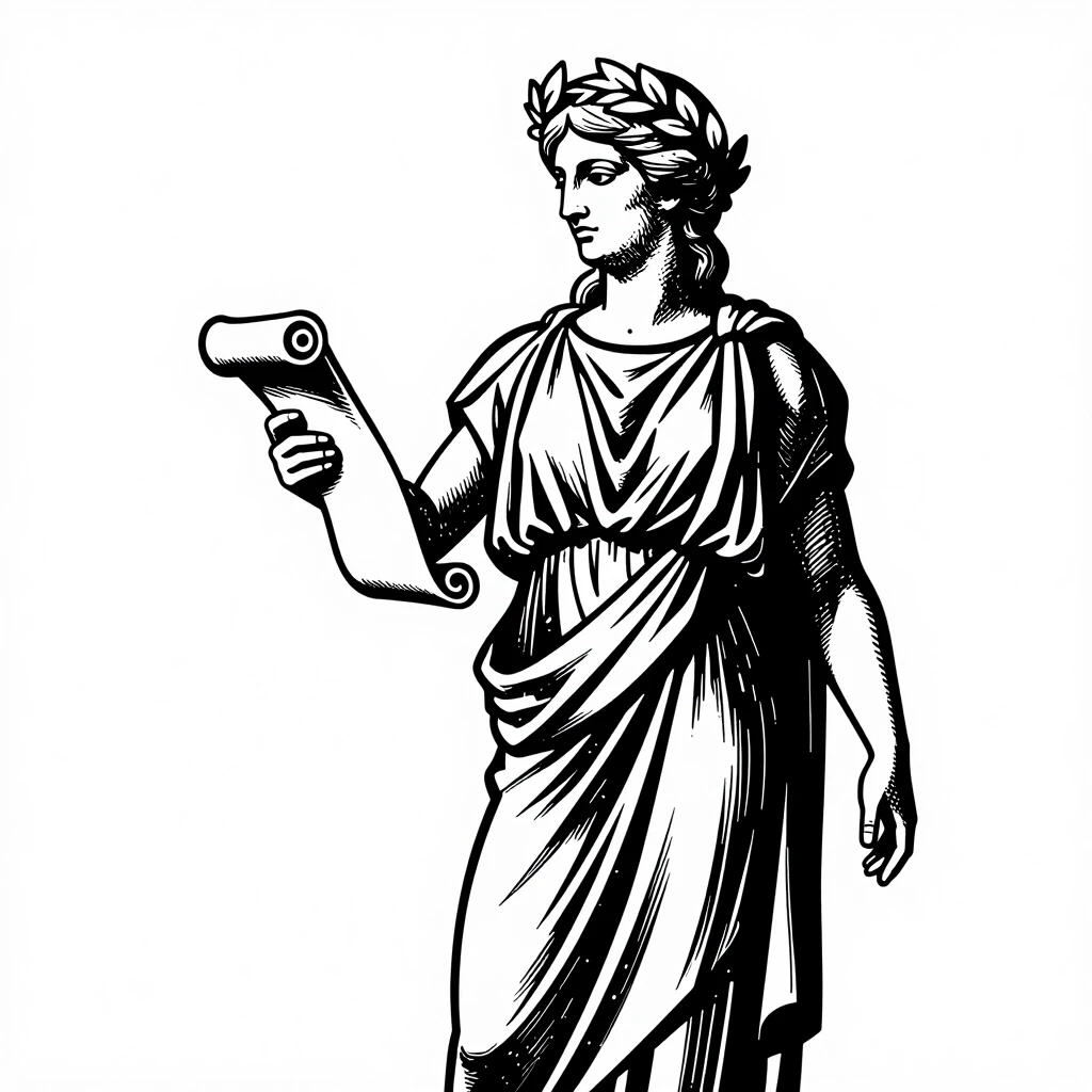A black-and-white illustration, slightly from the side. The ancient Greek goddess Calliope, the patroness of epic poetry. In her hands — a single scroll, which reads as a simple…