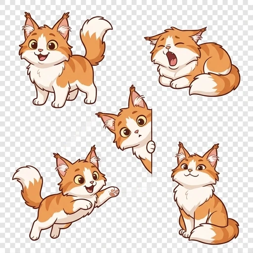 5 separate images of a cute cartoon Maine Coon cat, white and ginger orange fur, Disney animation style, large expressive eyes, fluffy ears with tufts, bushy tail, chibi…