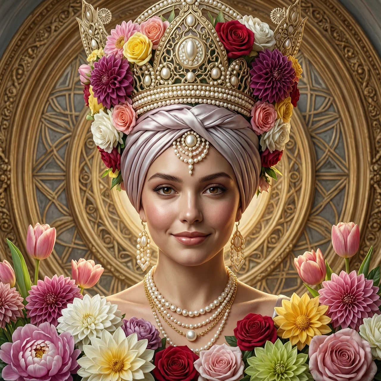 a close-up portrait of a gorgeous nice sexy flirty lovely lust expression arous tenderness girl in front of an ornate rococo mandala wearing a huge elaborate detailed ornate…
