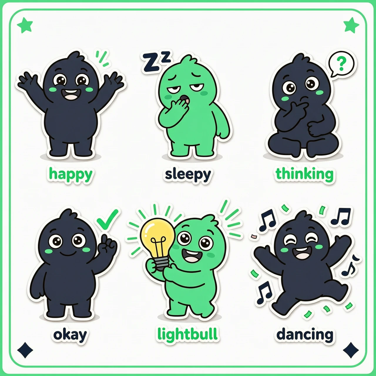 6 stickers of [имя вашего маскота] in different emotions and actions: happy and waving, sleepy/tired, thinking/curious, showing okay gesture, holding a light bulb,…