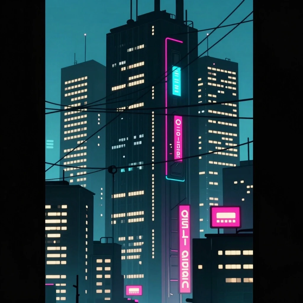A cyberpunk-style city featuring towering skyscrapers, neon signs, and illuminated buildings. The city is crisscrossed with wires. — работа пользователя Неповторимая Нимфа