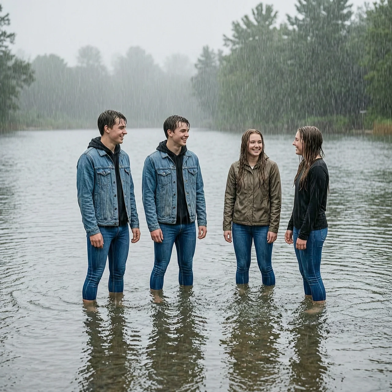 18-year-old guys in blue denim leggings are standing deep in the water, at the rain, with girls — работа пользователя Блистательная Гравитация
