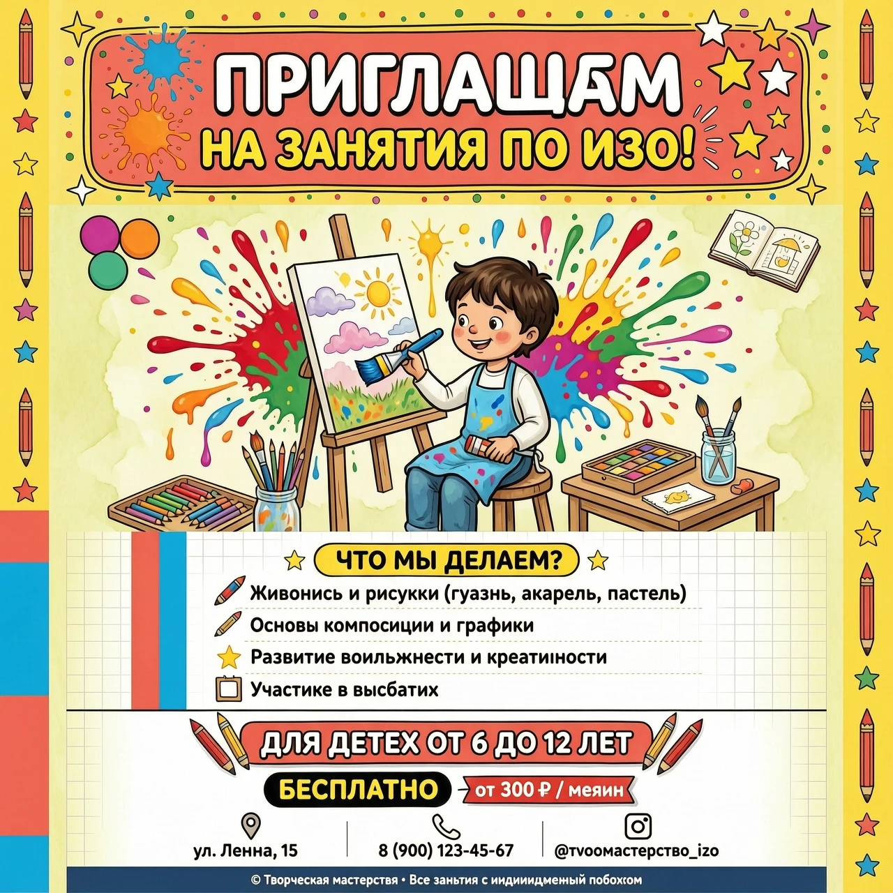 "Творческая мастерская" Крупный, яркий, игровой шрифт: ПРИГЛАШАЕМ НА ЗАНЯТИЯ ПО ИЗО![ЦЕНТР: Визуальный блок]Здесь располагается сгенерированный рисунок (яркие брызги…