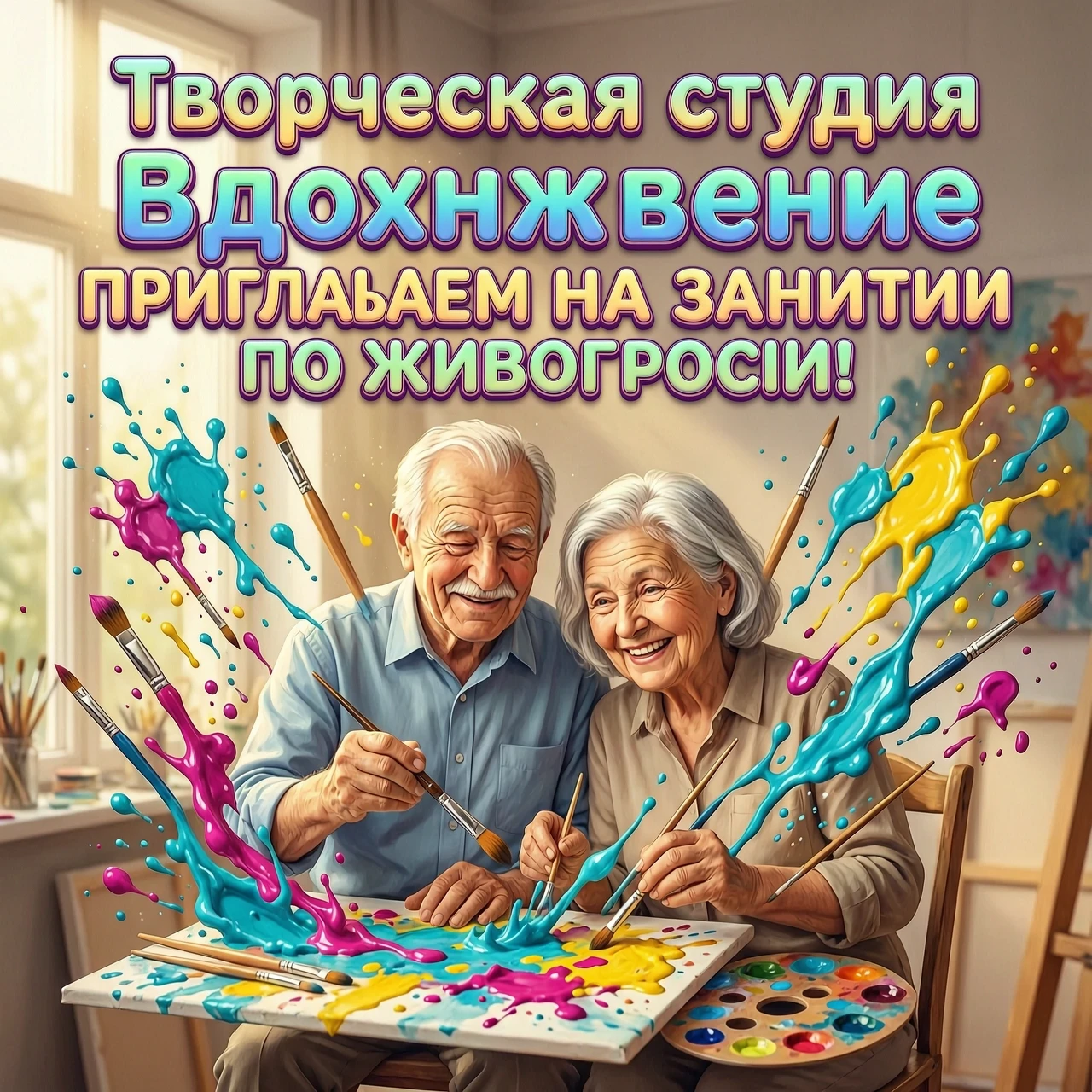 Graphic design poster for a creative studio. At the top, large, bold, playful, and vibrant 3D typography reads: "Творческая студия Вдохновение ПРИГЛАШАЕМ НА ЗАНЯТИЯ ПО…