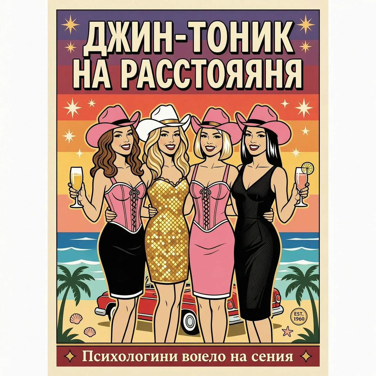 Четыре подруги обнимаются и улыбаются , держат бокалы Первая девушка в длинными волнистыми каштановыми волосами в розовом корсете и черной юбке и в розовой ковбойской шляпе.…