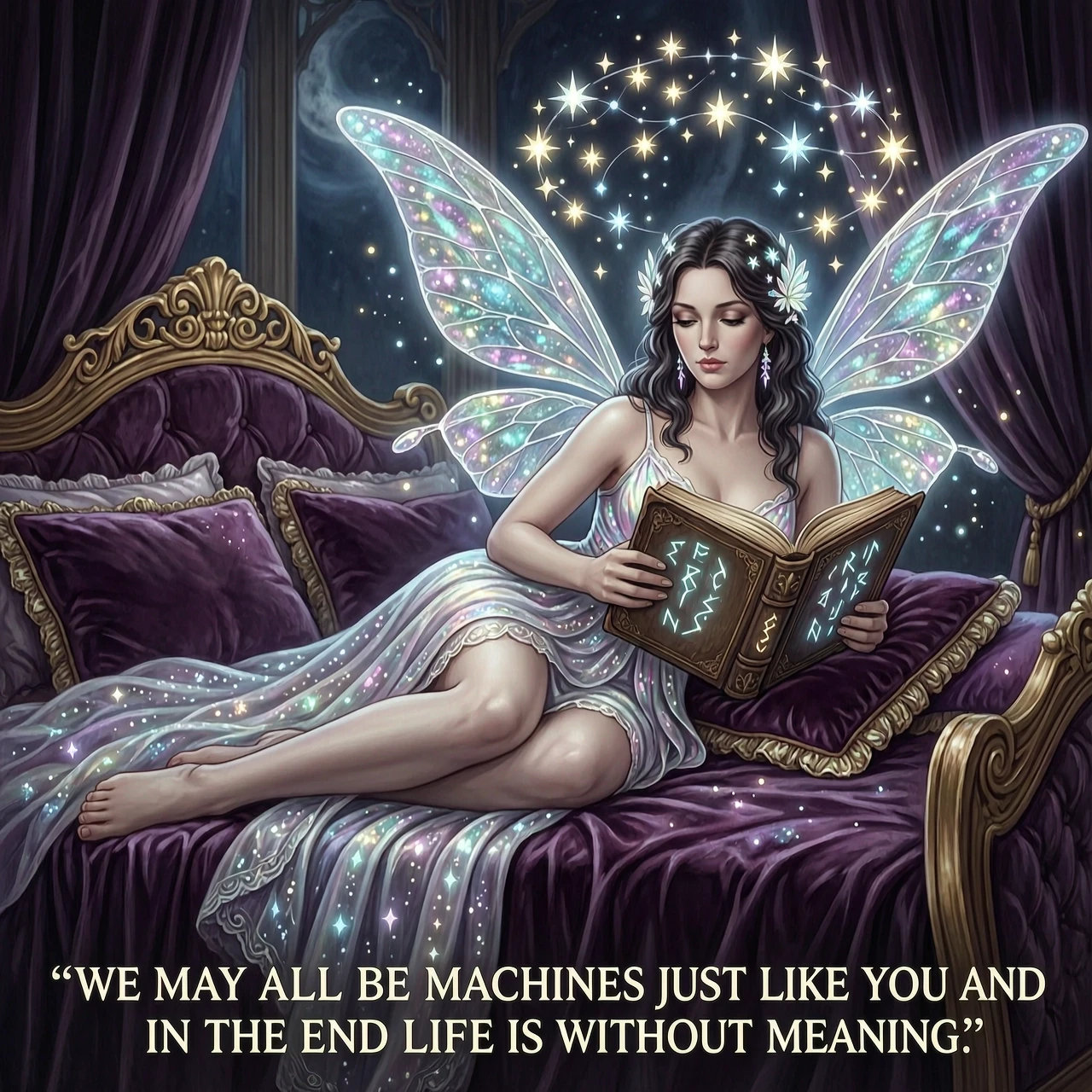 A masterpiece storybook illustration in the signature dark fantasy style of Anne Stokes, depicting a beautiful woman in an intricate, ethereal fairy costume reclining gracefully…