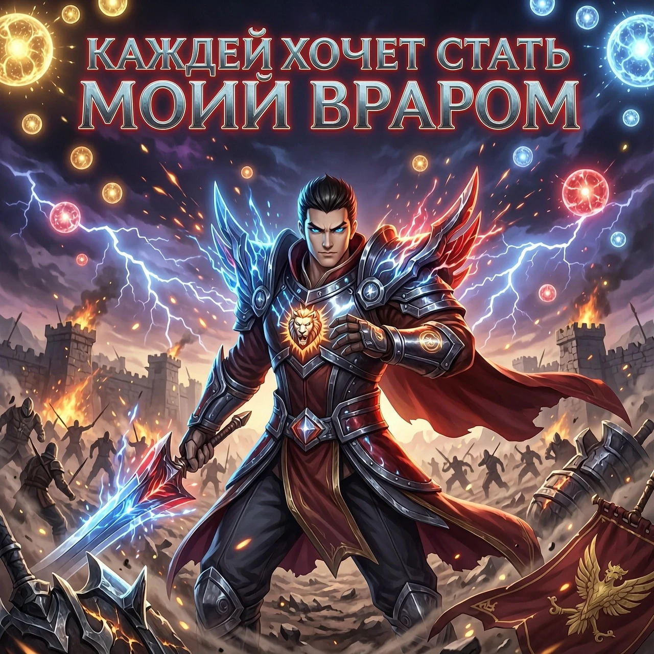Vertical 9:16 promotional cover for Honor of Kings, epic cinematic MOBA battle scene, legendary warrior hero in the center, intense confident expression, dramatic battle armor,…