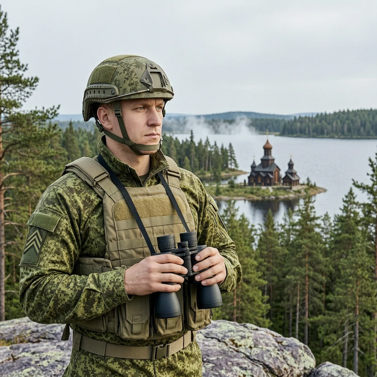 Нарисуй российского военнослужащего в современной боевой экипировке: камуфляж, бронежилет, тактический шлем с креплением под ПНВ., разгрузка армейского российского образца. В…