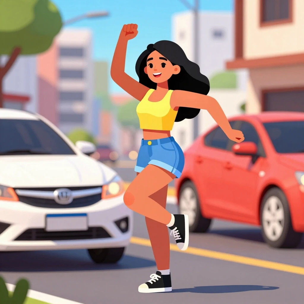 Pretty brazil girl is dancing at the street. Around she expensive car. Bright and sunny. Cartoon-style — работа пользователя Искрящаяся Лава