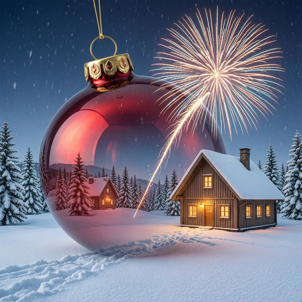 A hyperrealistic digital double exposure artwork for New Year's. Three distinct images are seamlessly blended: the detailed, reflective surface of a red glass bauble, a…