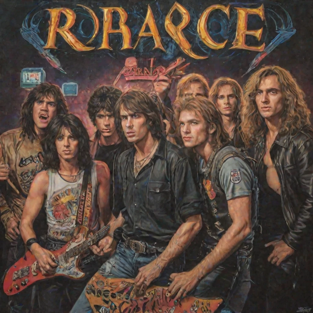 A masterpiece, energetic, vibrant full-color in the style of the 1980s, a highly detailed cinematic photograph of a vintage 1980s rock music poster, with no people in the frame,…