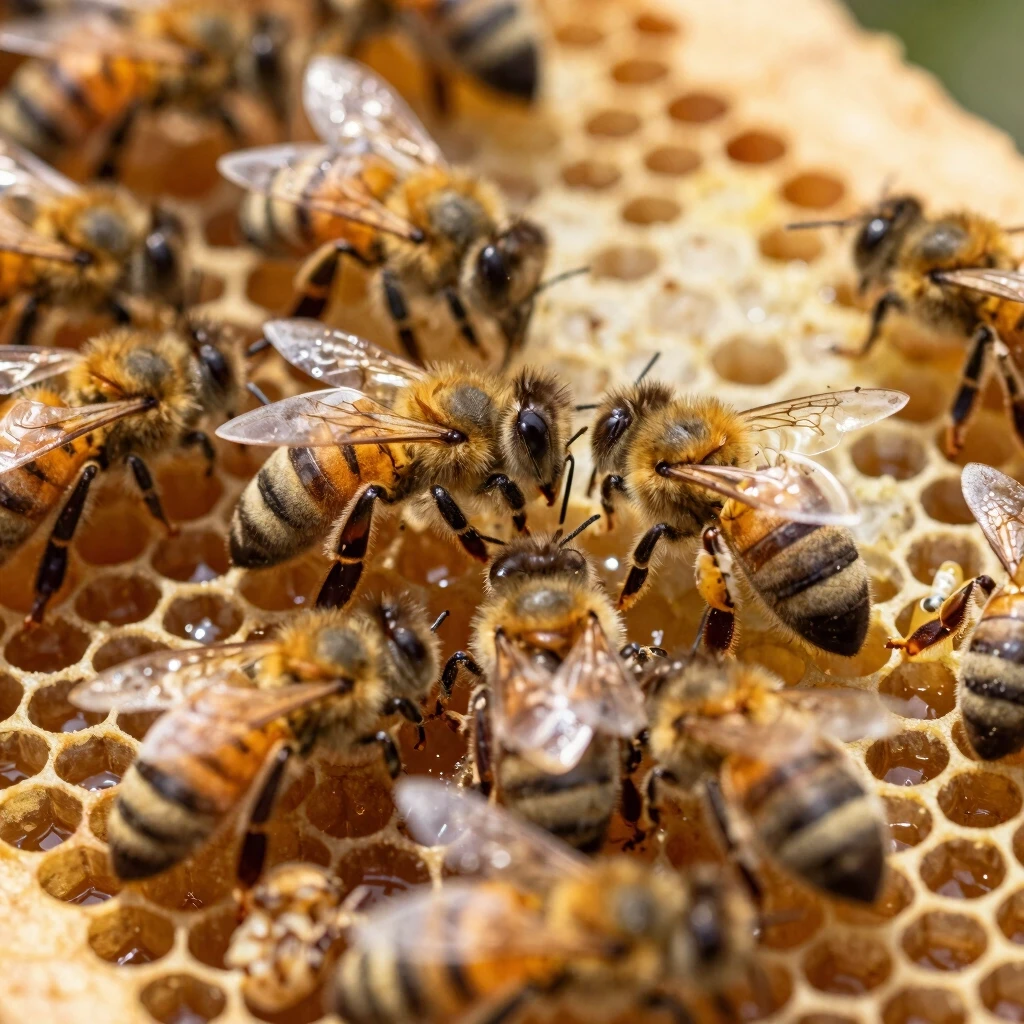 A beautiful, detailed close-up of bees working diligently inside a honeycomb. They are building wax cells, collecting nectar, and tending to the larvae. Sunlight illuminates the…