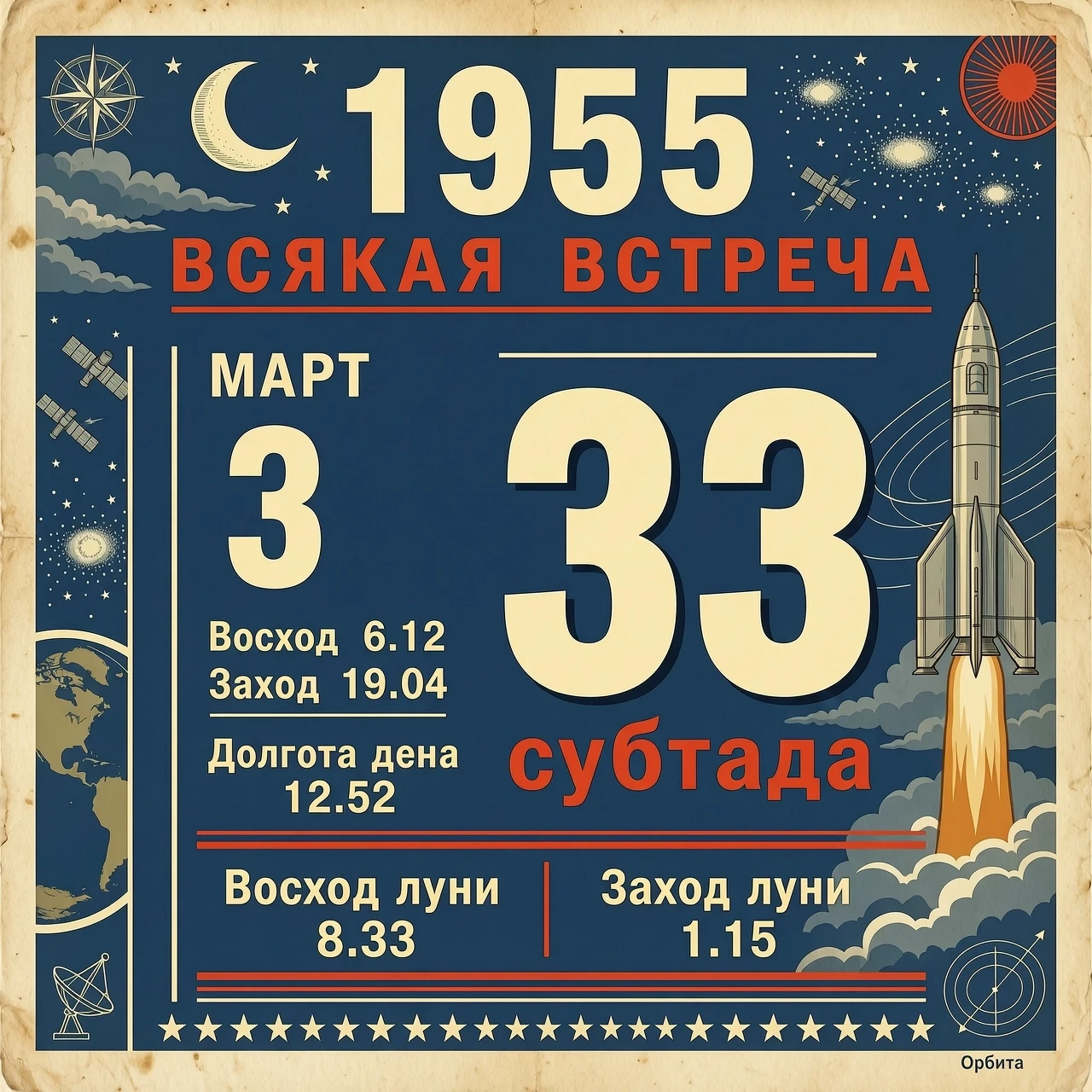 1955 В С Я К А Я В С Т Р Е Ч А | год П Р Е К Р А С Н А | | | М А Р Т | | 33 суббота | Восход 6.12 Заход 19.04 Долгота дня 12.52 | | Восход луны 8.33 Заход луны 1.15 календарь…