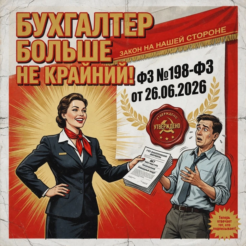 Style of a Soviet propaganda poster, bright red and gold colors, large inscription in the center: "THE ACCOUNTANT IS NO LONGER TO BLAME!". In the foreground, a…