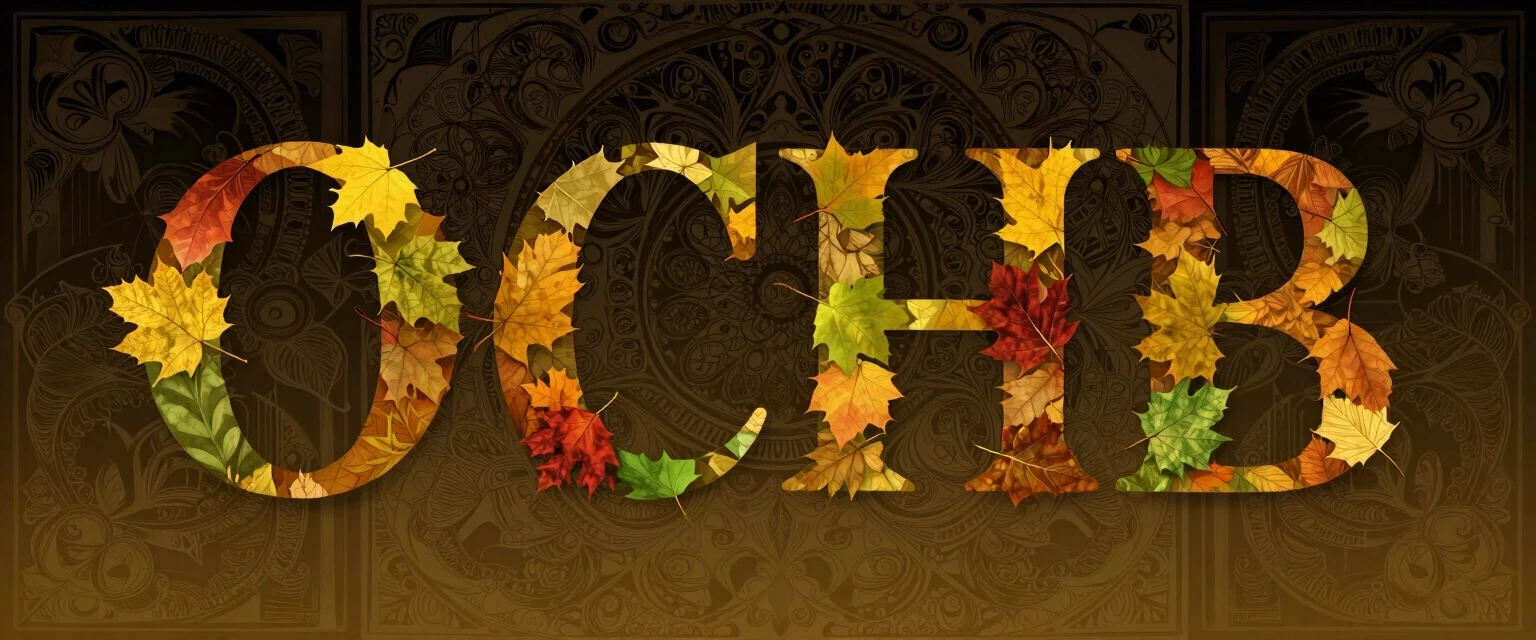 Digital image with double exposure and overlay of layers and textures. Vector graphics. The word "OCEHb" is made of gold, crimson and green skeletonized textured…
