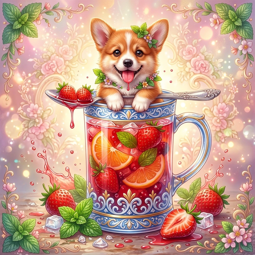 In the center of the composition is a large tall mug made of blue and white glass. It's filled with fruit and berry juice. Orange slices (or tangerine) and several whole…