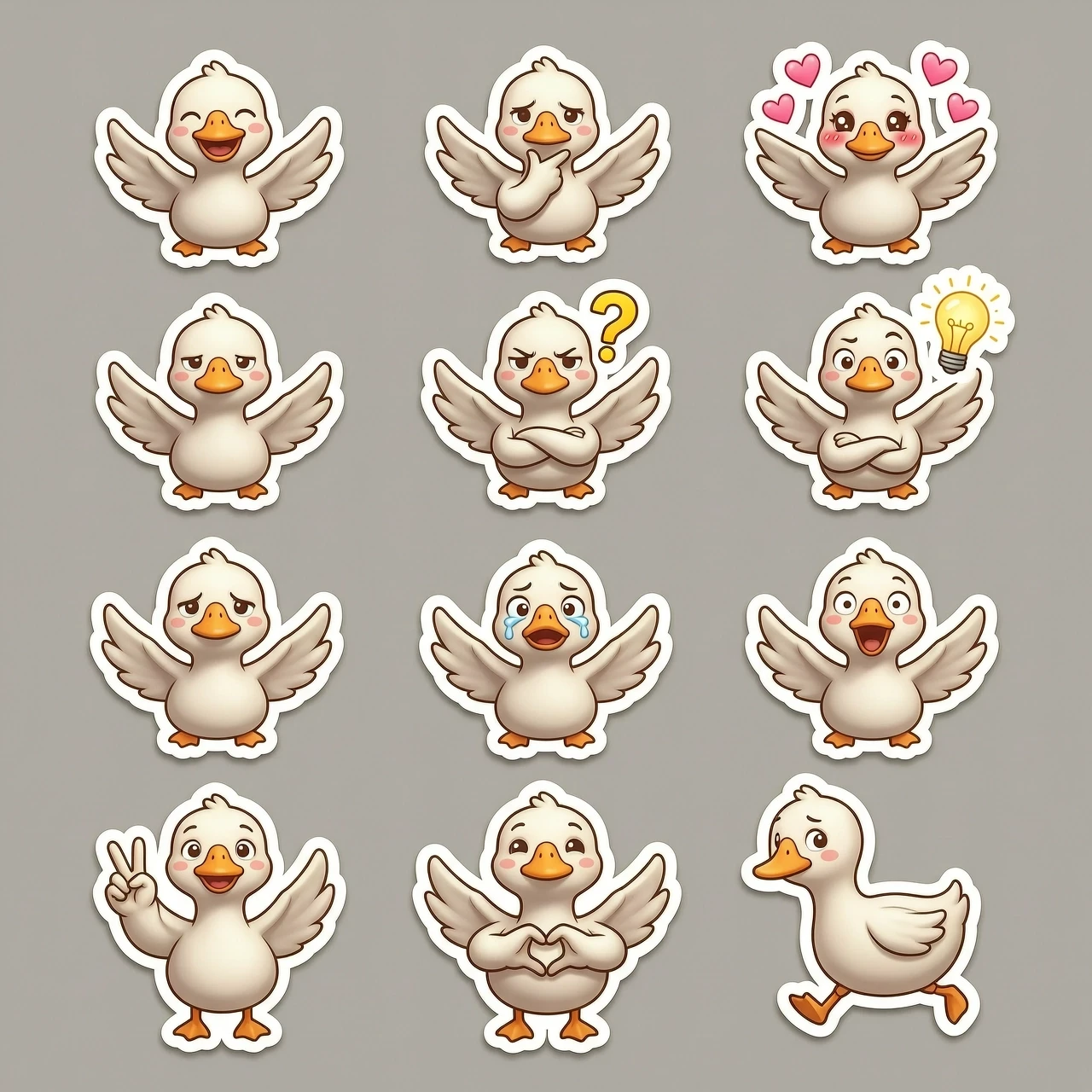 Sticker pack sheet of a cute goose character, 3D cartoon style, high-quality render, C4D, Octane Render. The character is flying. The set includes multiple individual stickers…