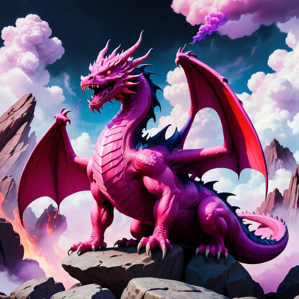 A pink intimidating dragon sitting on a rock. create a background: pink, purple, violet, and blue clouds. a red and black flame comes out of its mouth. — работа пользователя…