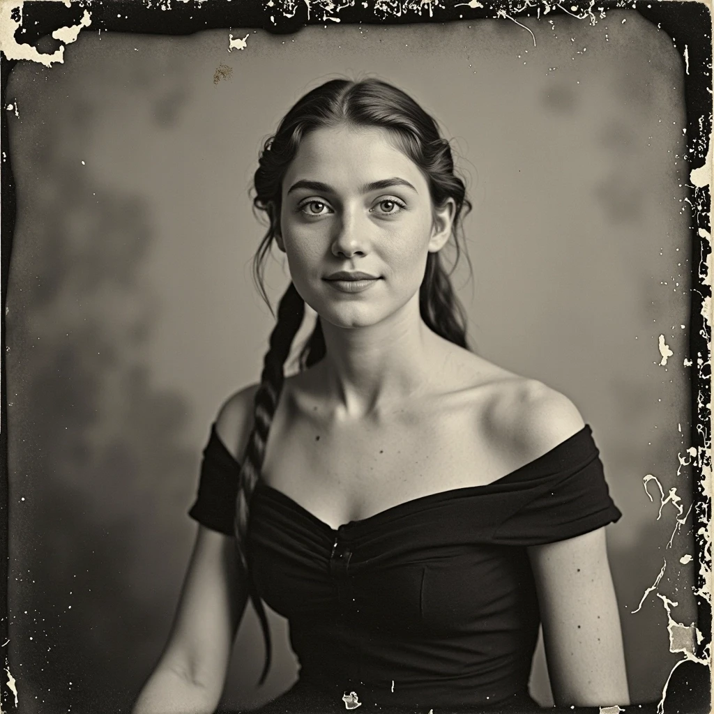 Молодая женщина (примерно 25–28 лет), стройная, светлая кожа, длинные волосы собраны на затылке, голубые/серые глаза, нейтральное уверенное выражение лица с лёгкой…