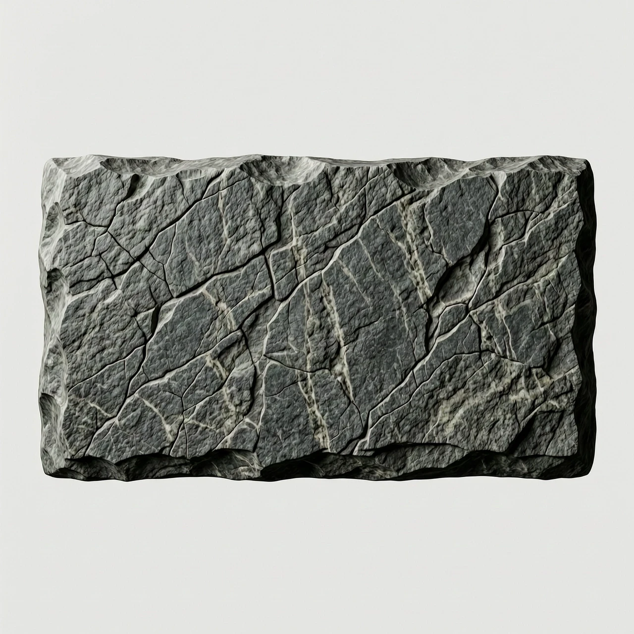 A high-quality isolated asset for Photoshop: a rectangular floating slab made of textured dark grey granite stone, designed as a text background plate. The stone features…