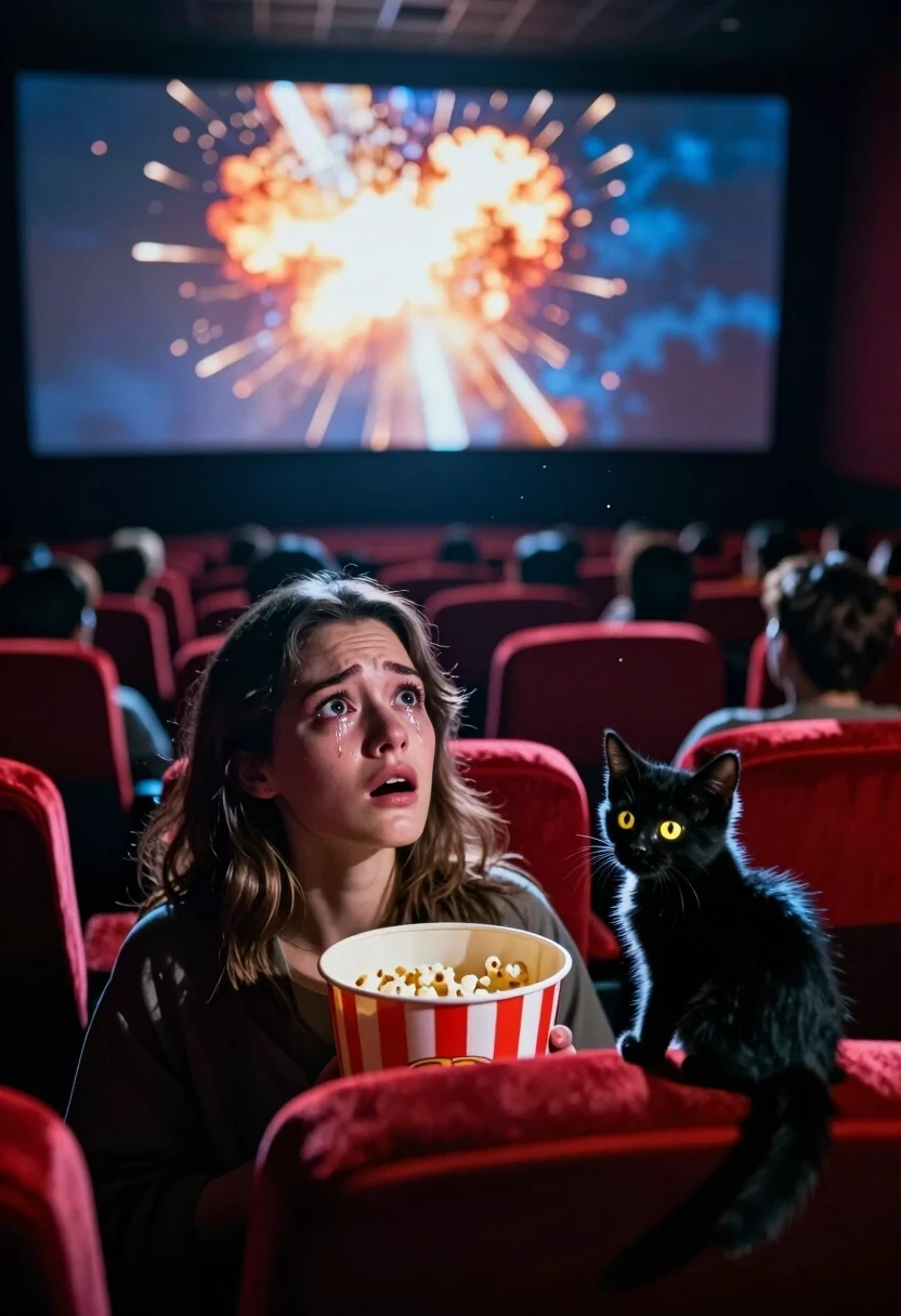 Photorealistic cinematic shot, 8K, Octane render, dramatic lighting. Wide shot with a low-angle camera tilted slightly up, looking from the back row of the cinema towards the…