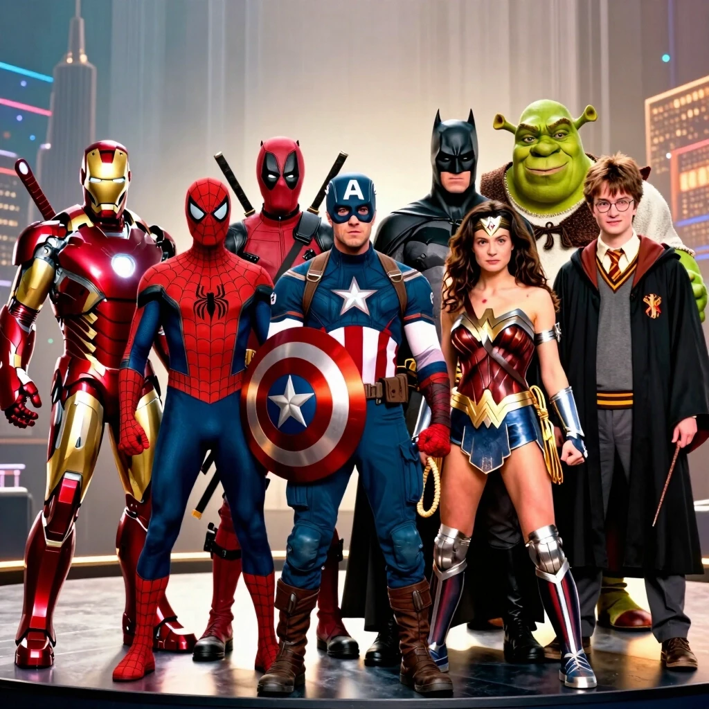 Realistic collage composition, full-length group portrait. Nine iconic characters from movies and comics are in the frame, standing together on one stage: Iron Man, Spider-Man,…