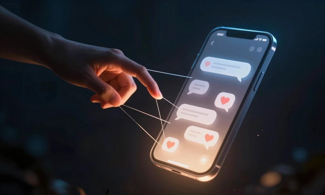 A person reaching toward a glowing translucent phone screen floating in darkness, the screen showing fragmented message bubbles and heart emojis, ethereal threads pulling their…