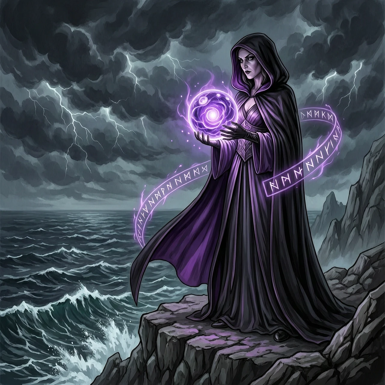 A mysterious dark sorceress in a black hooded cloak with purple silk lining, holding a glowing magical orb. She stands on a cliff overlooking a stormy dark ocean at night. Dark…