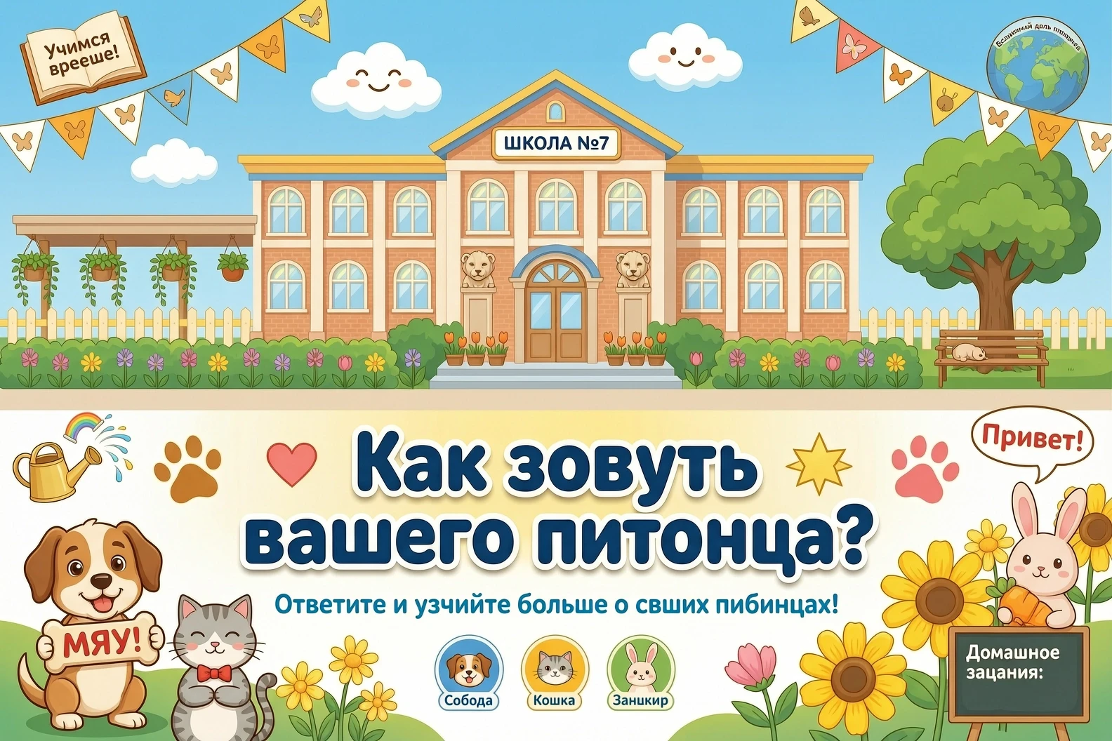 Тематическая картинка : на заднем плане школа .На переднем плане Надпись : как зовут вашего питомца ? — работа пользователя Непревзойденная Дриада