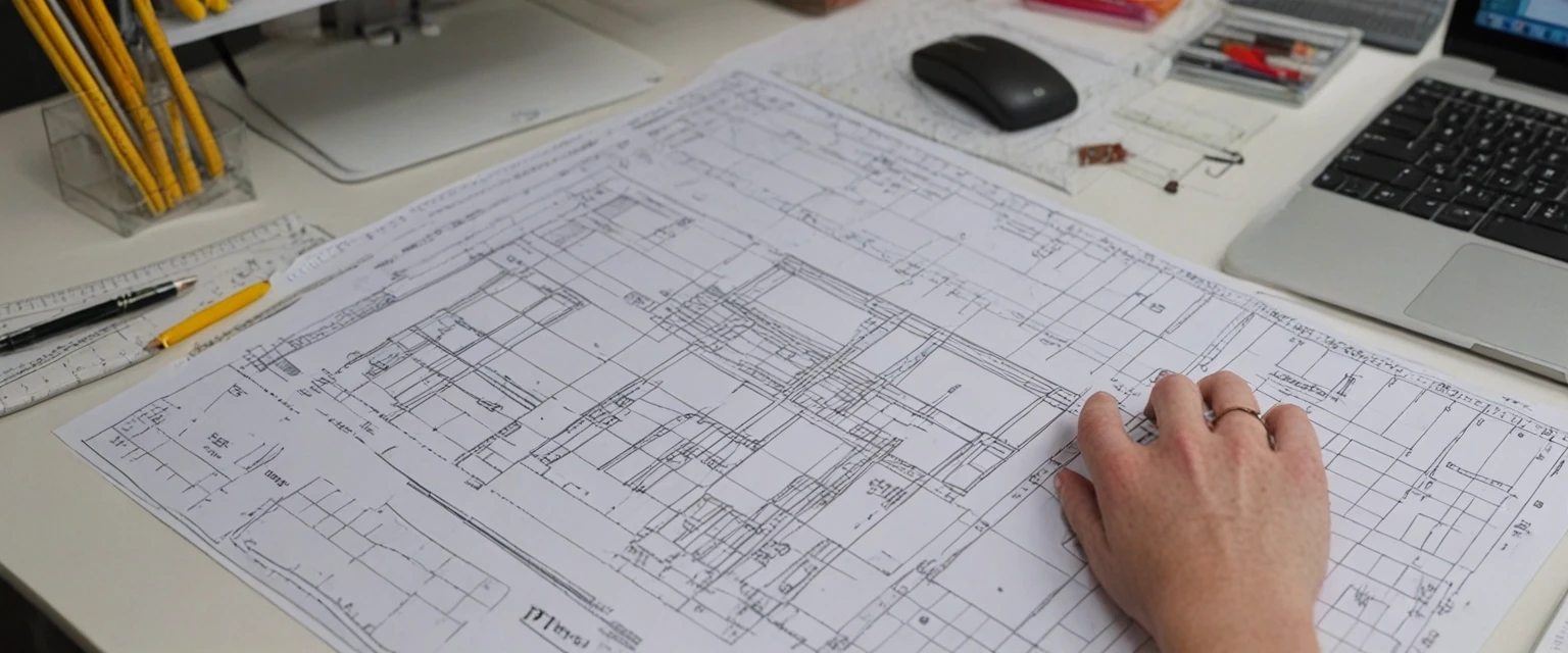Photorealistic, frontal view of a clothing pattern design bureau. Foreground: a matte white desk with neatly arranged paper sewing patterns, transparent plastic drafting rulers…