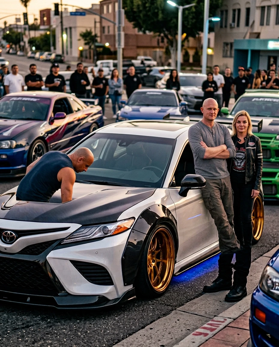 Cinematic hyper-realistic film still, high-octane street racing atmosphere. A man and a woman, dressed in stylish modern streetwear with racing aesthetics, stand confidently…